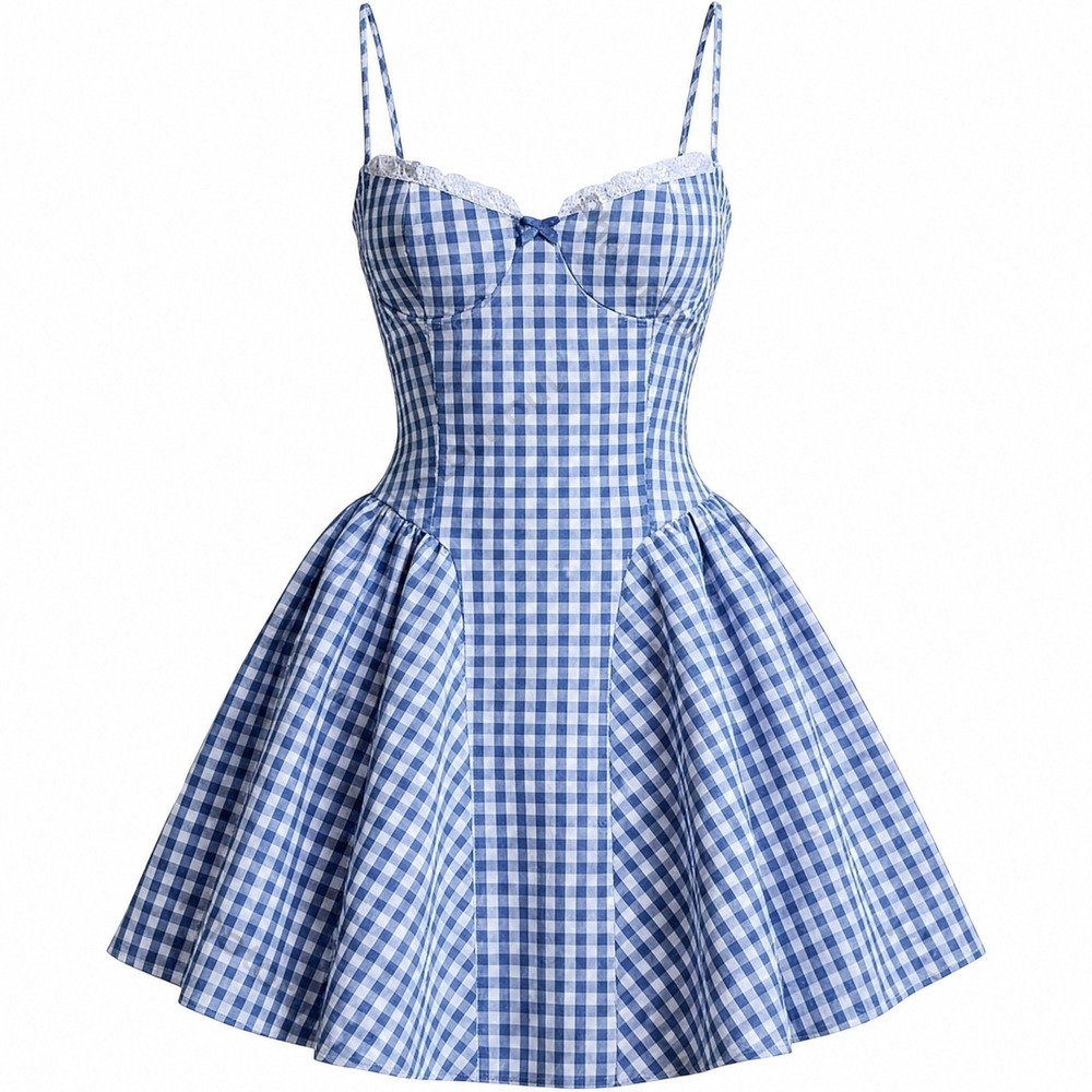 New XS Blue White Gingham Dorothy Dress Costume Mini Corset Bodice Ruffle